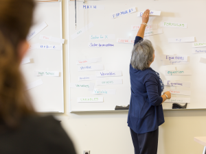 A faculty member is writing on a white board while a student looks on.