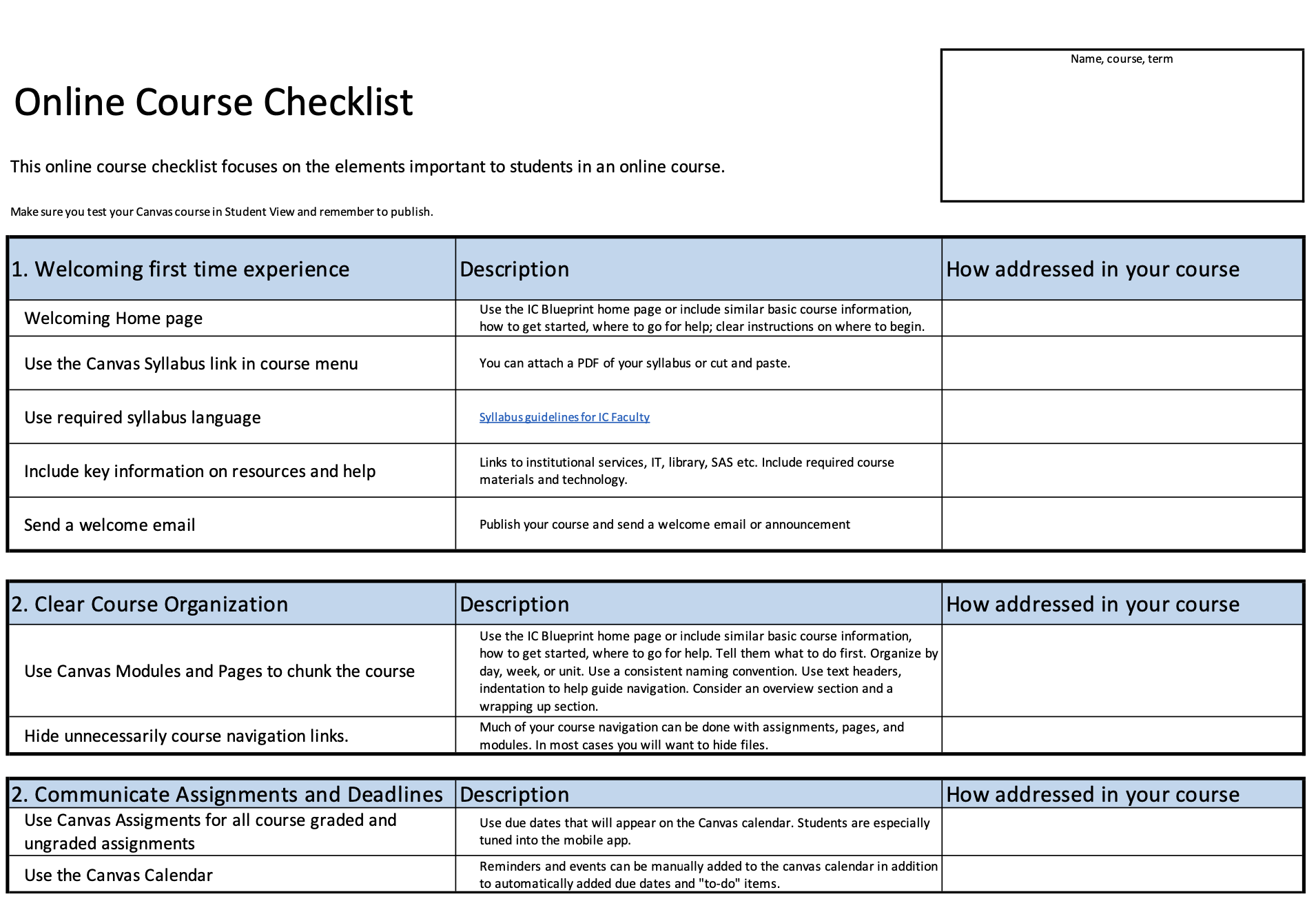 Online course quality checklist Ithaca College