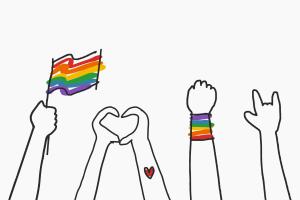A line drawing of hands holding an LGBTQ+ pride flag