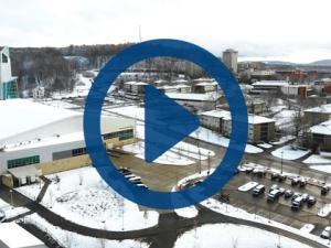 Aerial view of IC campus in the winter