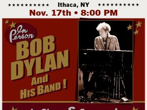 Bob Dylan concert graphic with photo of singer at a piano