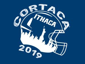 Illustration of a football helmet with  city skyline and "Ithaca" on the side