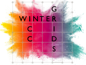 Rainbow color splash graphic with the words winter grids