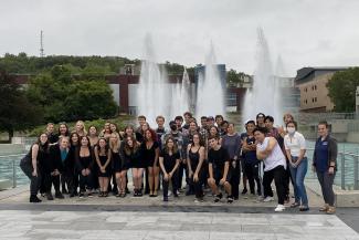 Groups of students in front of the fountains.