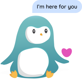 Photo of the Wysa Penguin with a heart and a chat bubble that reads, "I'm here for you"