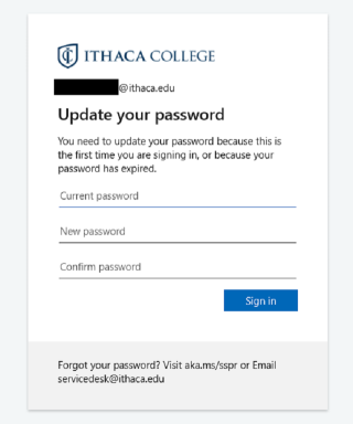 image of Ithaca Collegexpired password window for microsoft azure authentication