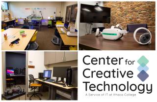 Views of Makerspace, Story Lab, Learning Lab and logo.
