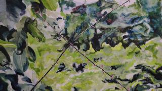 A detail of a layered water color showing a criss-cross of branches in front of a lush and abstracted background of foliage.