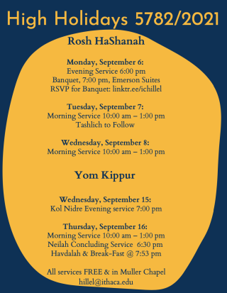 A schedule showing the services offered in Muller Chapel for Rosh Hashanah