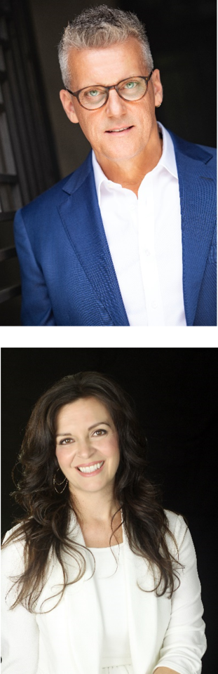 These are two pictures. The first is of Chuck Hudson wearing a blue blazer and white shirt. The second is of Dawn Pierce wearing a white blazer and shirt. Both are smiling.