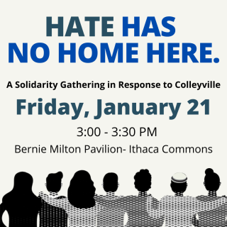 Poster shows people embracing with the title "Hate Has No Home Here" and location information.