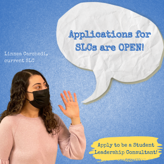 Student talking into a cartoon bubble stating that applications are open.