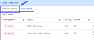 Faculty Grade Entry, Midterm Grades highlighted