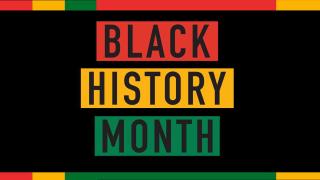 red yellow green background with words Black History Month