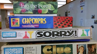 Board games can be requested at the Circulation Desk: Into the Forest, Checkers, Sorry!, Clue. Photo by Ben Hogben.