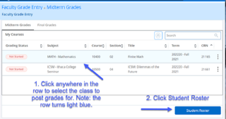 Faculty Grade Entry, Course and Student Roster indicated