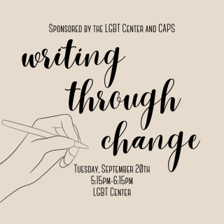 Tan background with a hand holding a pen. The flyer states "Writing Through Change" 