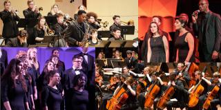 A collage of images of musical ensembles performing