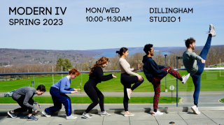 Poster of six IC student dancers in a line with a view of Cayuga Lake behind.