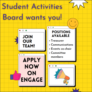 The Student Activities Board wants you! Positions available: Treasurer, Communications, Events Co-Chairs, and Committee Members. Apply now on IC Engage!
