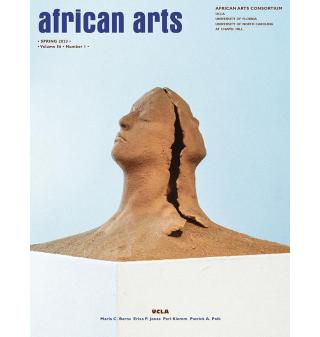 cover of African Arts with clay sculpture of a head facing two directions