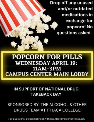 Poster describing Popcorn for Pills: National Drug Take-Back Day