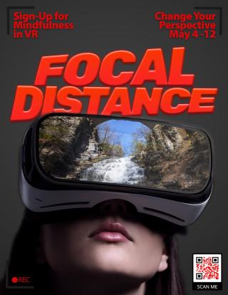 Focal distance flyer with person wearing a VR headset with an image of a gorge on it