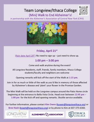 flyer for the Walk to End Alzheimer's at Longview 4/21/23
