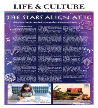 The cover of The Ithacan's Life & Culture front with a story called "The stars align at IC," with zodiac sign illustrations over a purple background and two photographs at the bottom.