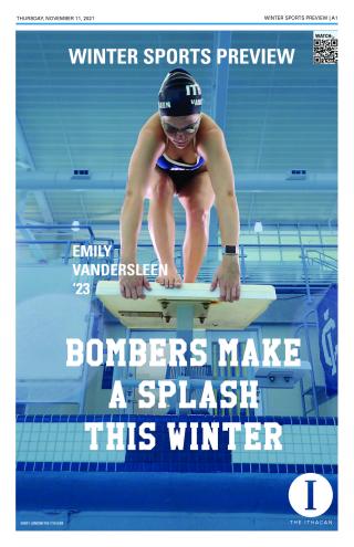 The cover of the winter sports preview features a woman swimmer ready to dive off of a diving block with the text "Bombers make a splash this winter" below.