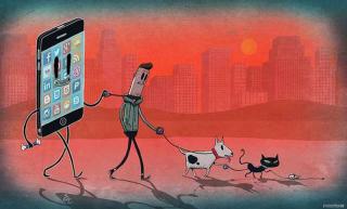 Artwork depicting a smarphone walking a human like a pet, who is in turn walking a dog, walking a cat, walking a mouse