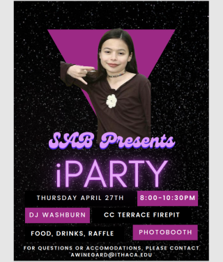SAB Presents: iParty on Thursday, April 27th from 8pm to 10:30pm at the Campus Center Fire Pit