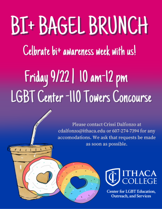 White text over the bi flag reads: bi+ bagel brunch, celebrate bi+ awareness week with us! Friday 9/22, 10 am-12pm, LGBT Center