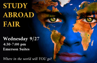 A person's face with an image of a world map painted on it. To the left of the image are the words "Study Abroad Fair. Wednesday 9/27, 4:30-7:00 pm, Emerson Suites. Where in the world will YOU go?"