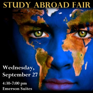 A face with the image of a world map painted on it. Above the image, the words read "Study Abroad Fair"