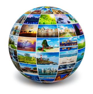 A globe with multiple color photos of international destinations covering it.
