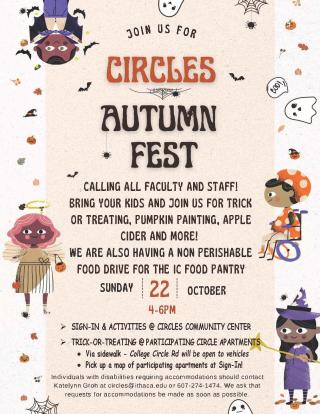 Flyer depicting children in various halloween costumes as they surround information regarding Circles Autumn Fest