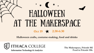 Halloween at the Makerspace graphic: Oct 19, 2:30 to 6:30, Halloween crafts, costume-making, food and drinks