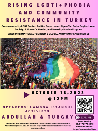 A poster that includes a pride parade photo, title, speakers, and the Zoom information