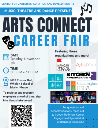 Arts Connect Career Fair featuring employers like Hangar Theatre Company, Artist Year, and more, with QR code to register.