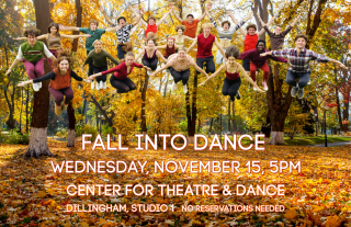 Dancers jumping in the air in a fall landscape.