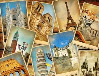 A collage of travel photos showing multiple international destinations