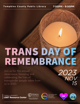 Words in pink, white, and blue overlaid over a picture of a candle read: Trans Day of Remembrance, 11/15, 7-9 pm at TCPL