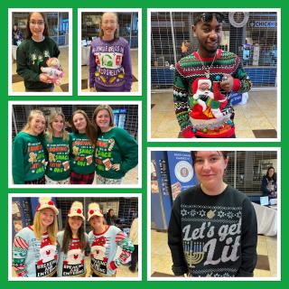 Photos of students wearing holiday-themed sweaters.