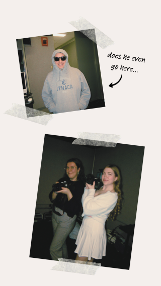 A mock photo board with "taped" photos, one showing a man in a gray sweatshirt with his hood up and wearing sunglasses, like Damien from Mean Girls. The bottom image shows two women photographers posing.