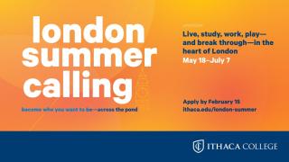 Text against an orange background reads "London Summer Calling. Become who you want to be - across the pond"