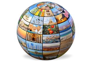A globe covered in colorful photos of international destinations and landmarks
