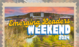 Emerging Leaders Weekend 2024 logo on a postcard background showing campus