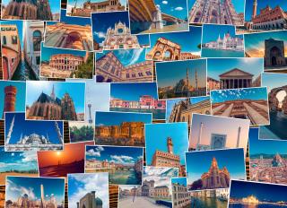 A collage of pictures of many international landmarks and destinations