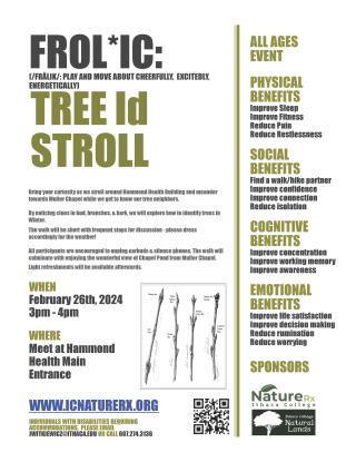 Frol*ic Tree Id Stroll with description of walk and image of tree branches with buds, with date and times listed.